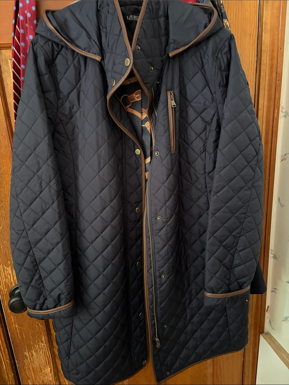 Ralph Lauren Dark Navy Quilted Jacket with Brown Trim NWOT XL